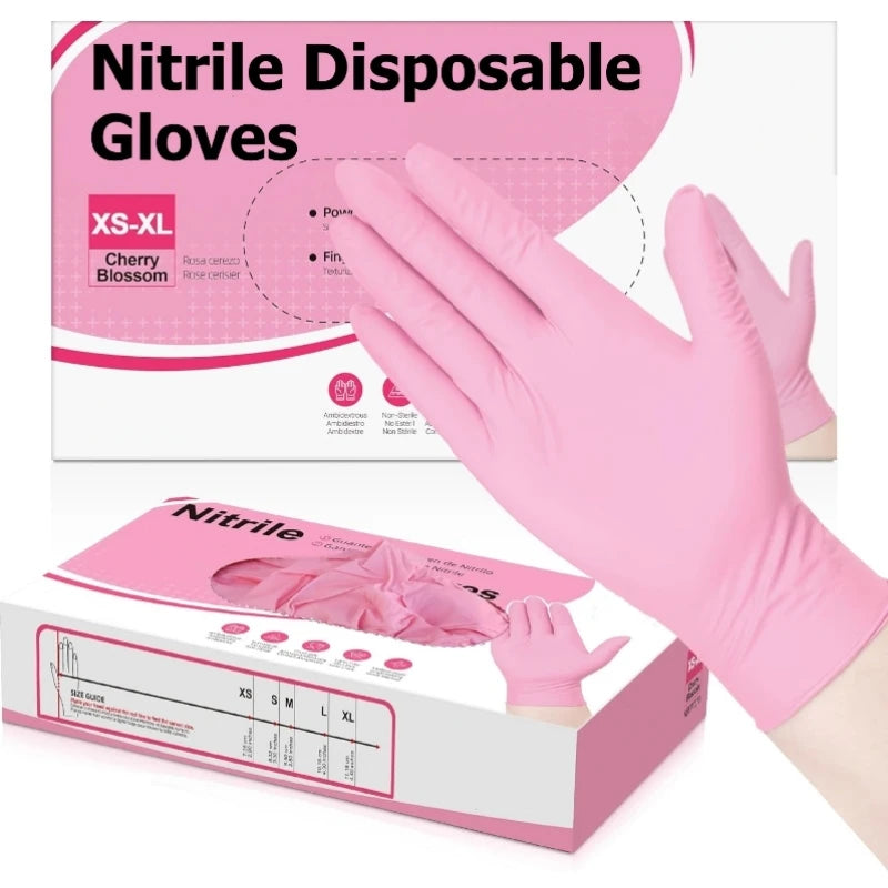 A pink box and a hand wearing pink nitrile disposable gloves are shown.