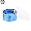 A roll of blue soft flexible tape measure with measurement markings inside a clear plastic container.