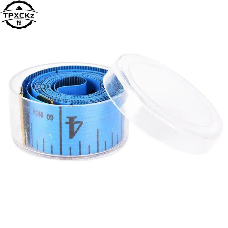 A roll of blue soft flexible tape measure with measurement markings inside a clear plastic container.