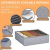 A foldable fabric organizer in gray with a zippered bottom and exquisite stitching, shown alongside various features.