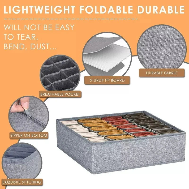 A foldable fabric organizer in gray with a zippered bottom and exquisite stitching, shown alongside various features.
