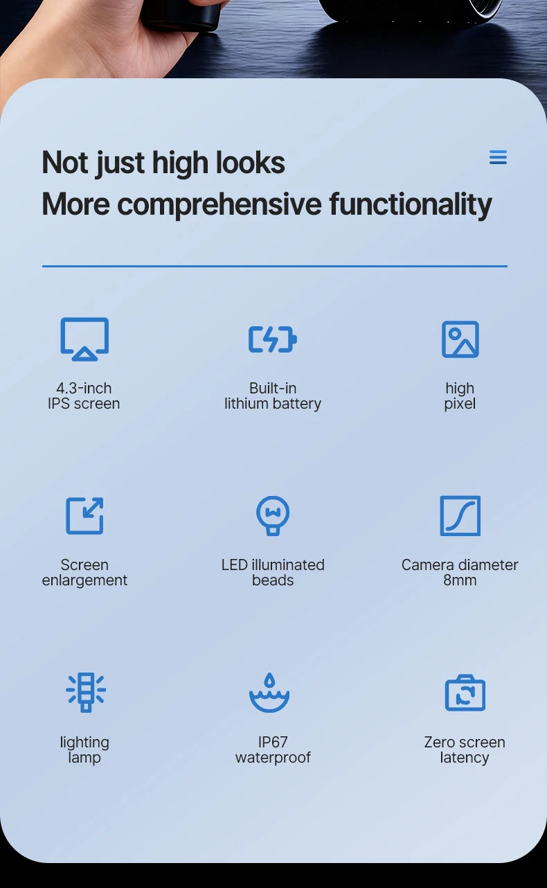 A feature list highlighting the comprehensive functionality of an industrial endoscope with a 4.3-inch IPS screen and IP67 wa