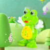 A bright green interactive dancing frog toy with large eyes and a smiling face sits on a light green surface.