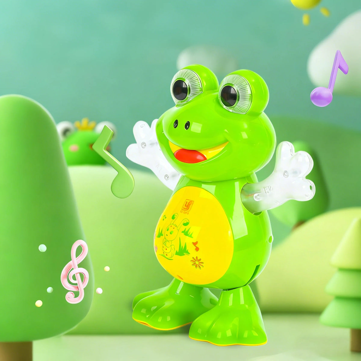 A bright green interactive dancing frog toy with large eyes and a smiling face sits on a light green surface.