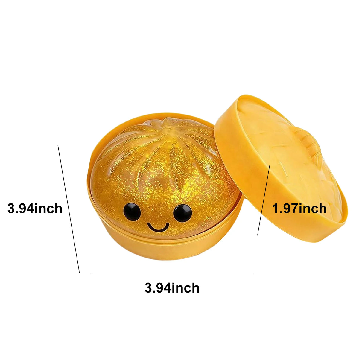 A golden glitter dumpling squishy toy is shown with its packaging and a separate piece.