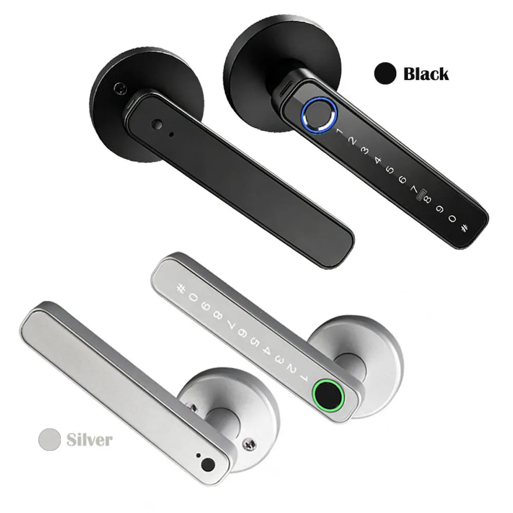 Black and silver smart fingerprint door handle locks shown in various angles