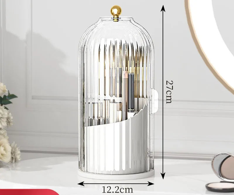 Organizador de vidrio transparente para brochas de maquillaje con tapa dorada y base blanca