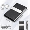 Black slim card holder with a silver accent, showing dimensions and ease of carrying.