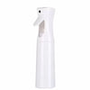 A white refillable mist spray bottle with a nozzle, used for hair, skin, and home products.