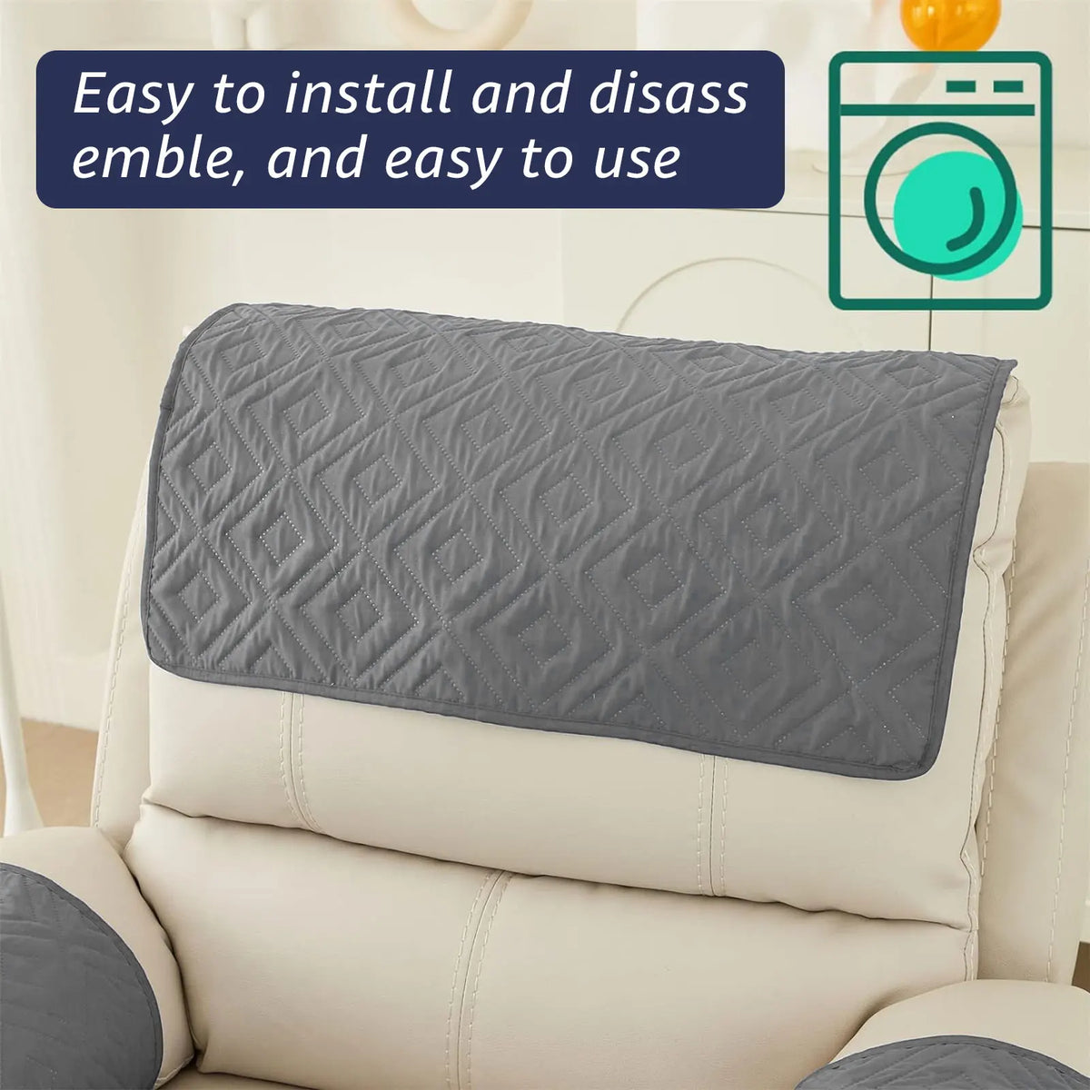 Gray quilted headrest protector covers for a recliner chair.