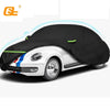 Black waterproof custom-fit car cover for a white VW New Beetle.