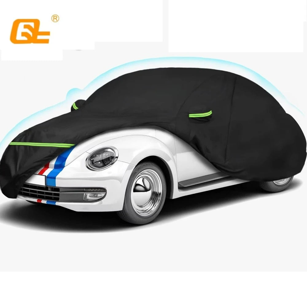 Black waterproof custom-fit car cover for a white VW New Beetle.