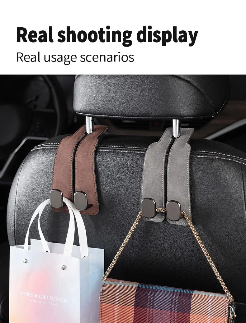 Dual suede hooks for car seat back storage used to hang handbags and other items