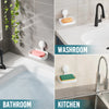 A collage showing a suction cup soap dish holder in a bathroom, a kitchen sink with a soap dish, and a bathtub.