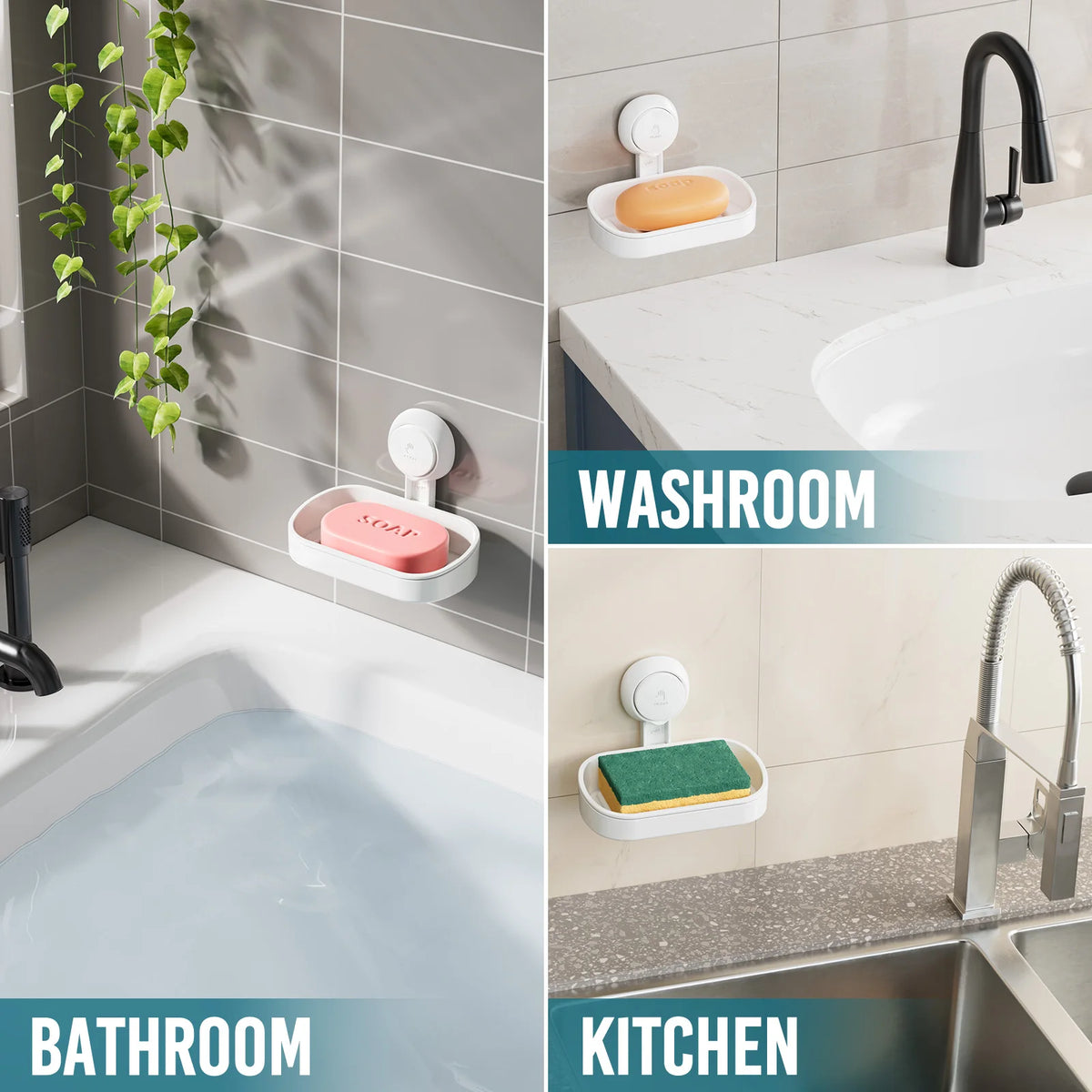 A collage showing a suction cup soap dish holder in a bathroom, a kitchen sink with a soap dish, and a bathtub.