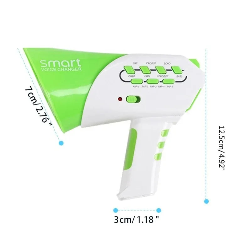 A white and lime green voice changer megaphone toy with buttons for sound effects.