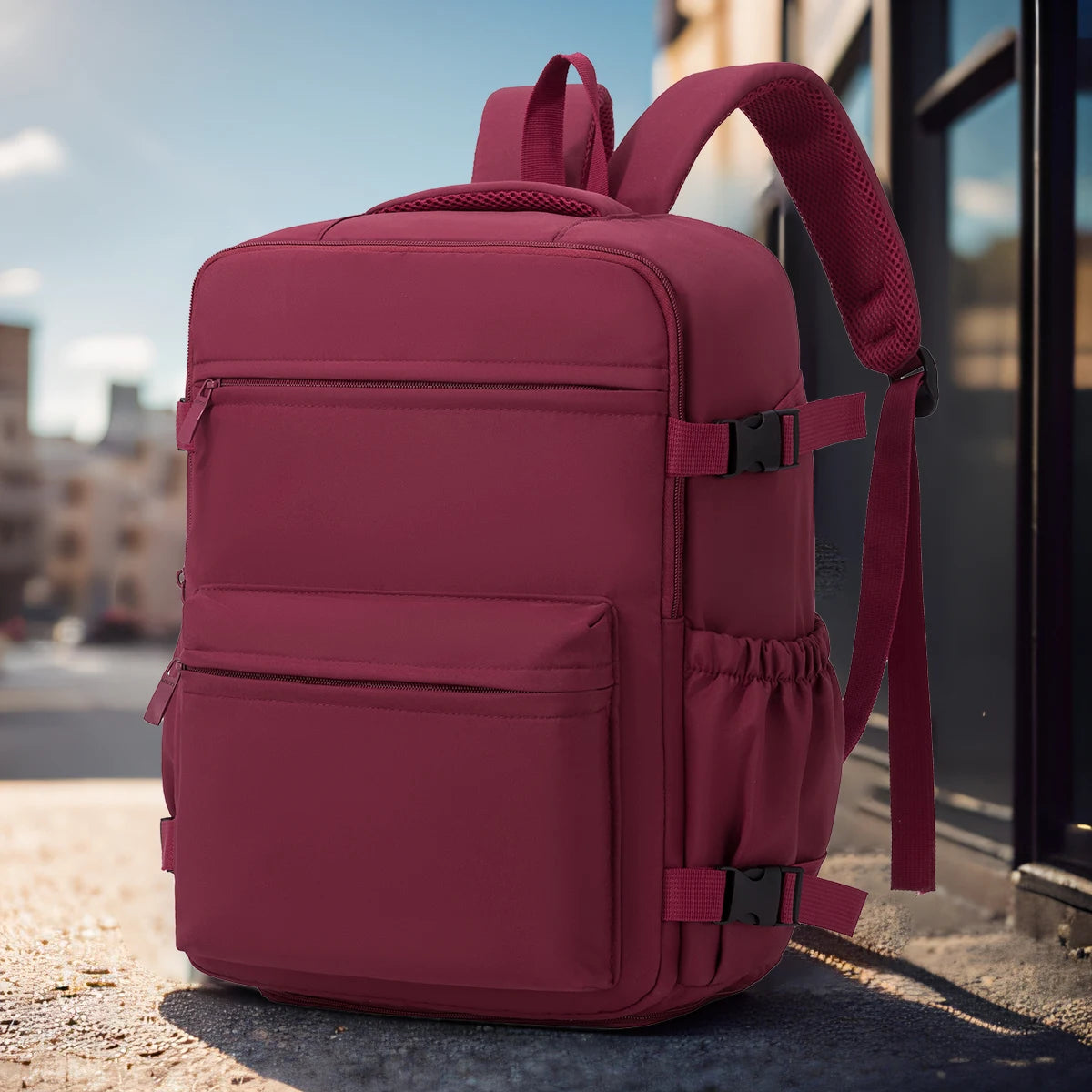 A maroon travel and commuter backpack resting on a concrete surface next to a glass window.