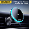 A black magnetic wireless car charger holder with a blue LED light mounted on a car grille.