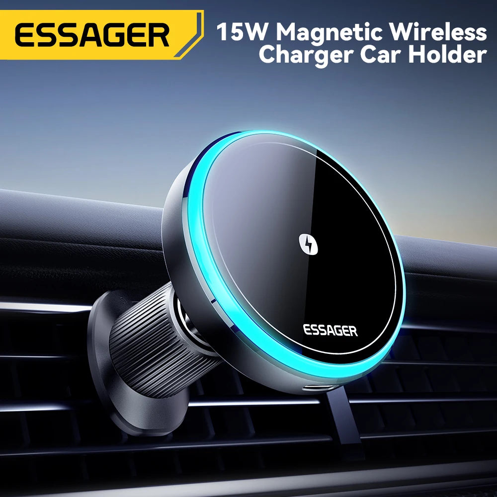 A black magnetic wireless car charger holder with a blue LED light mounted on a car grille.
