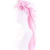 Pink satin sleep bonnet with an adjustable tie displayed on a white mannequin head.