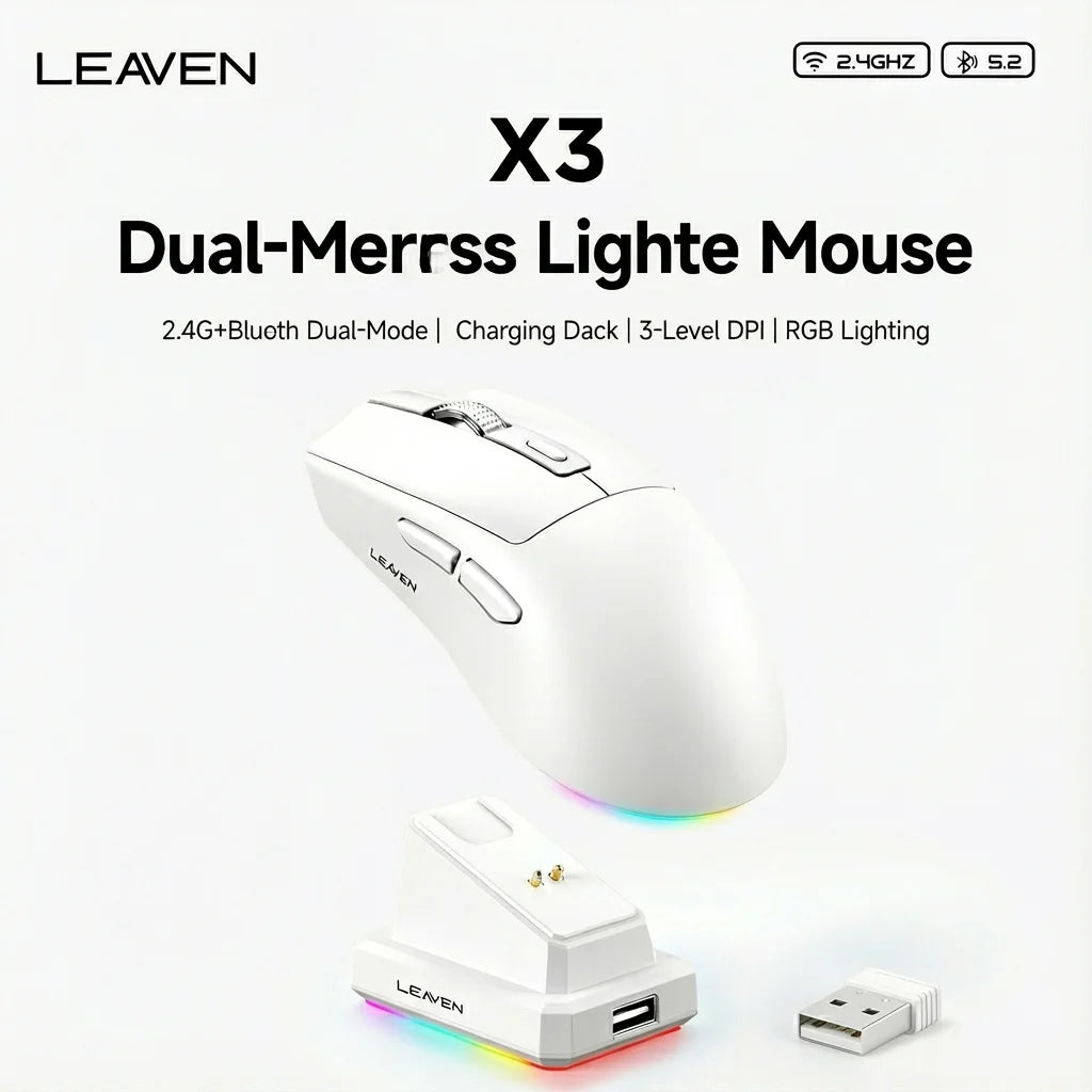 A white Leaven X3 Dual-Merrss Lighte Mouse shown next to its charging dock and USB cable.