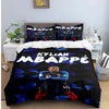A dark blue and black duvet cover featuring a soccer player in a blue jersey with the name Kylian Mbappé.