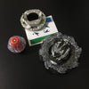 A metal battle spinning top is shown next to a small plastic component and a white card.