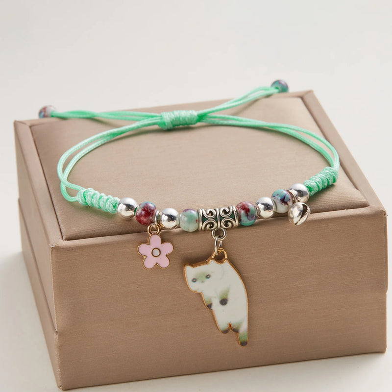 Enamel Cat & Flower Charm Bracelet