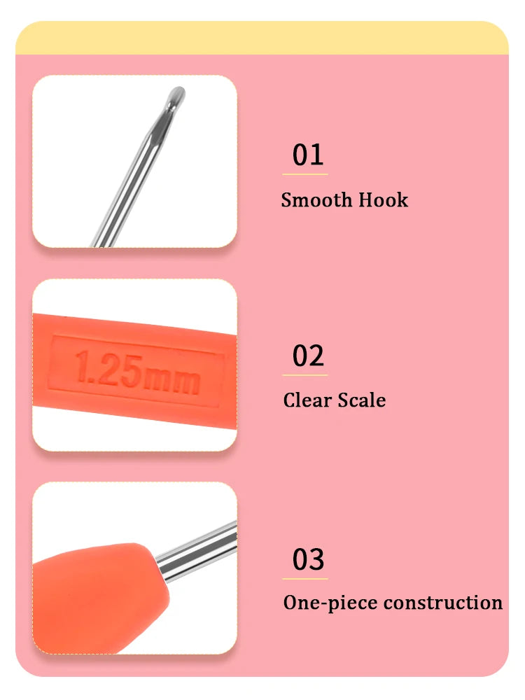 A set of precision crochet hooks featuring a smooth hook, clear scale, and one-piece construction with orange handles.