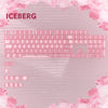 A close-up of a pink and white mechanical keyboard keycap set with RGB lighting, featuring the word ICEBERG.