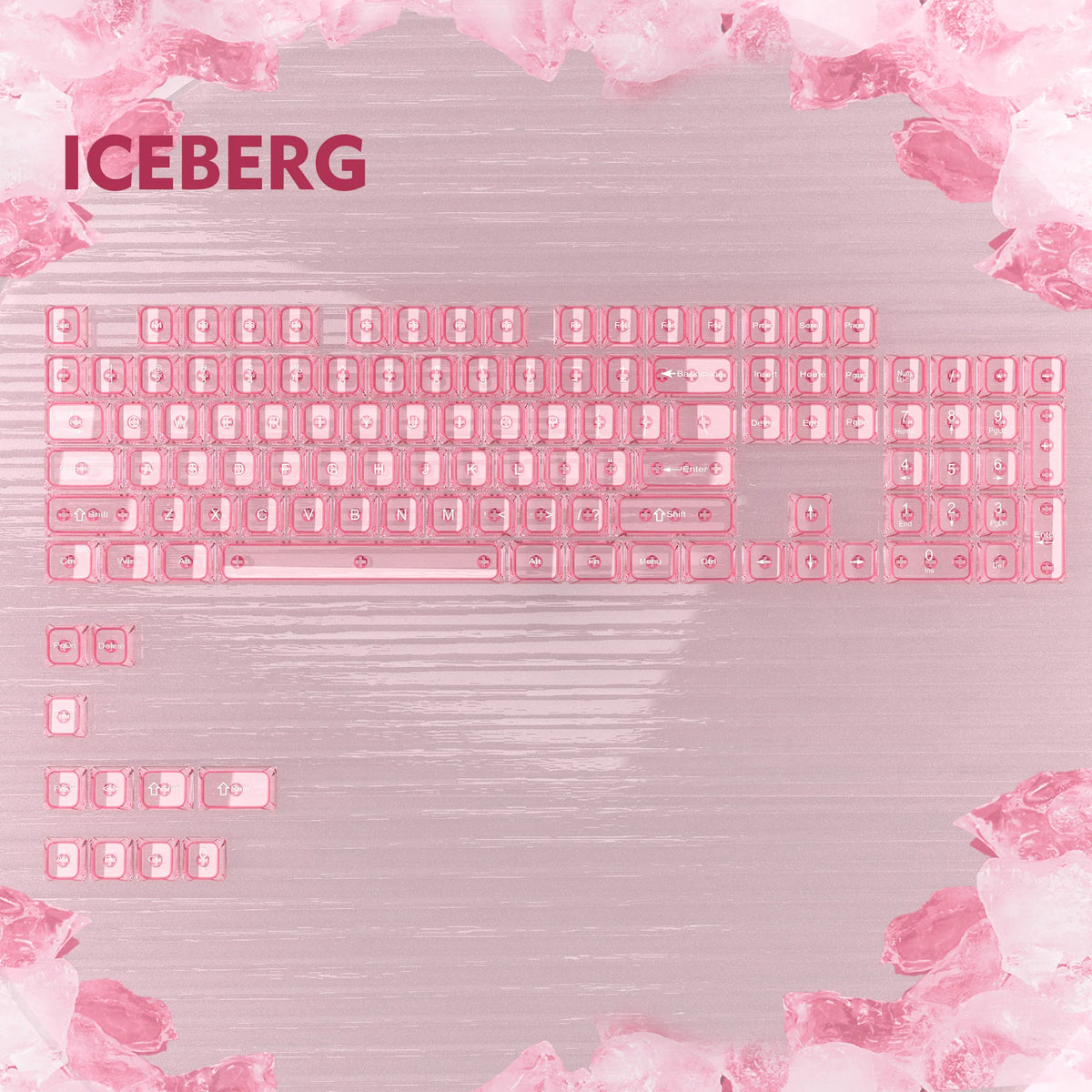 A close-up of a pink and white mechanical keyboard keycap set with RGB lighting, featuring the word ICEBERG.