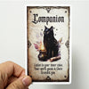 A vertical card featuring a black cat silhouette, an oil lamp, and text that reads Companion.