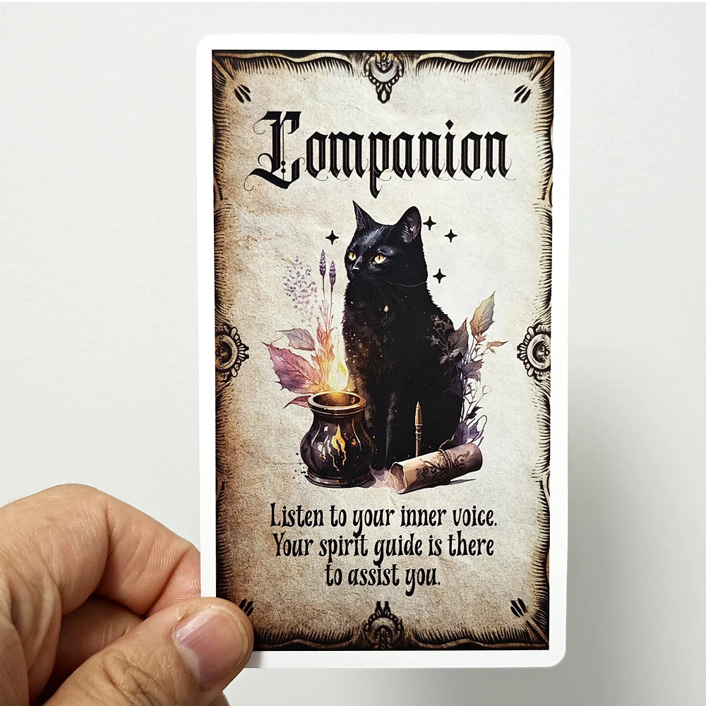 A vertical card featuring a black cat silhouette, an oil lamp, and text that reads Companion.