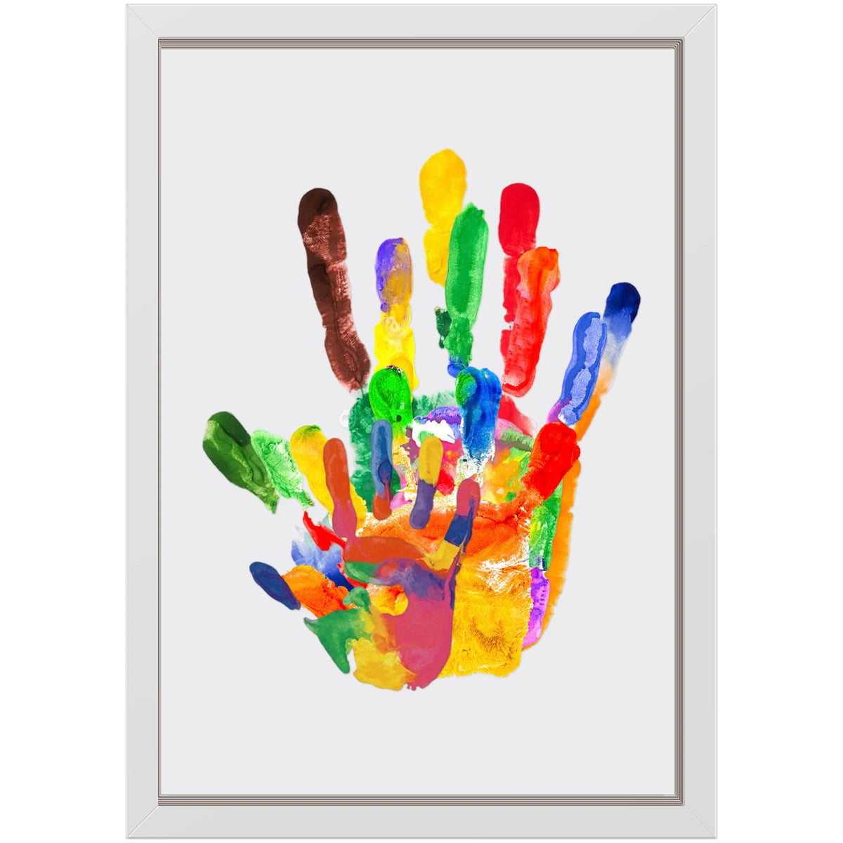 Colorful handprint art on white paper framed in a silver wooden frame.