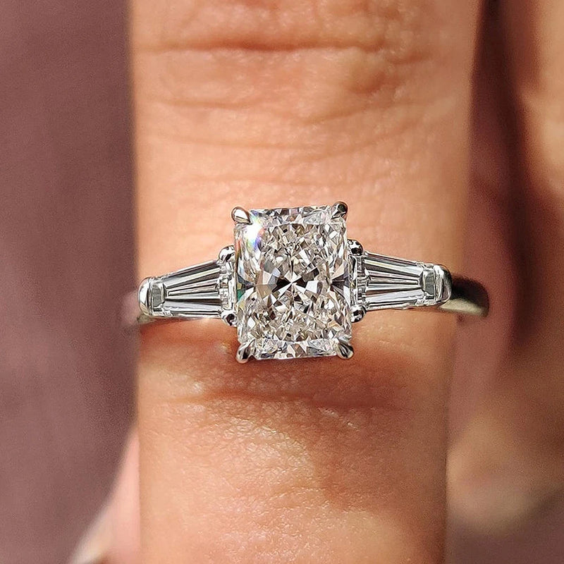 Radiant Cut Moissanite Engagement Ring with Baguette Side Stones