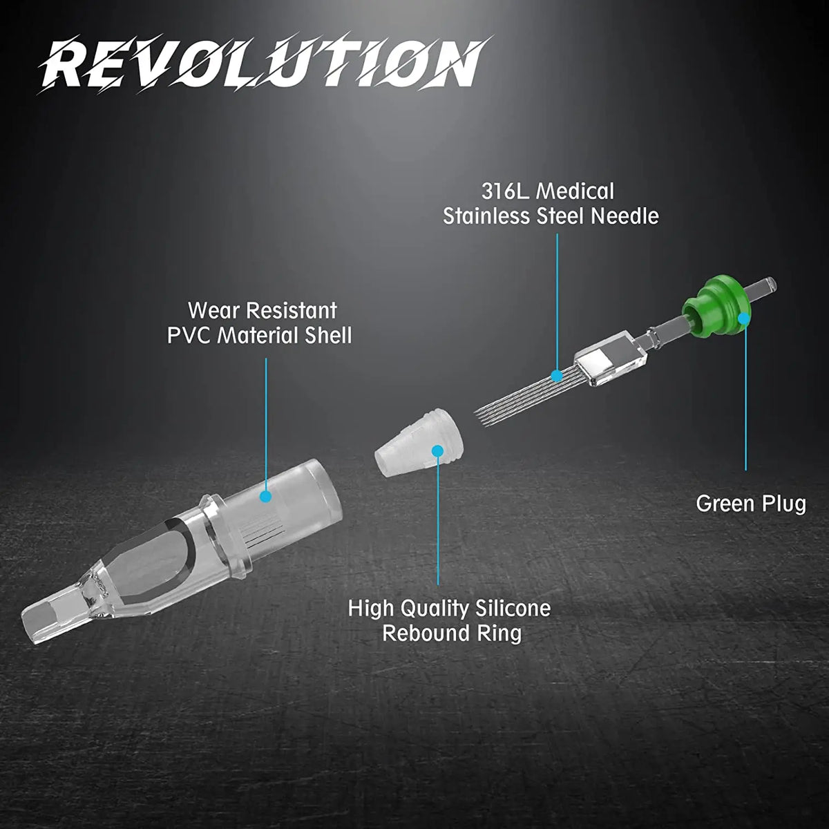 A professional tattoo cartridge needle assembly featuring a 316L medical stainless steel needle, PVC shell, and a silicone re