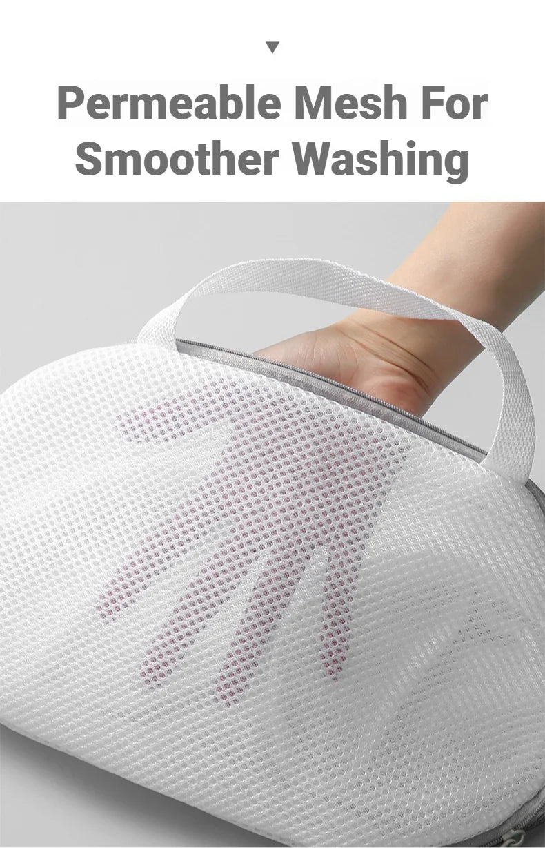 White breathable mesh laundry bag with a hand outline visible on the surface