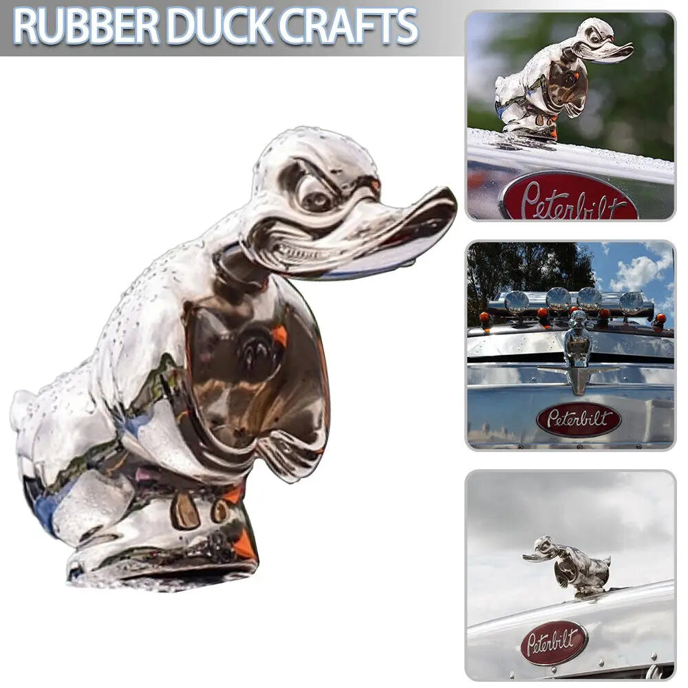 A silver resin duck hood ornament for a car or motorcycle, featuring an angry expression.