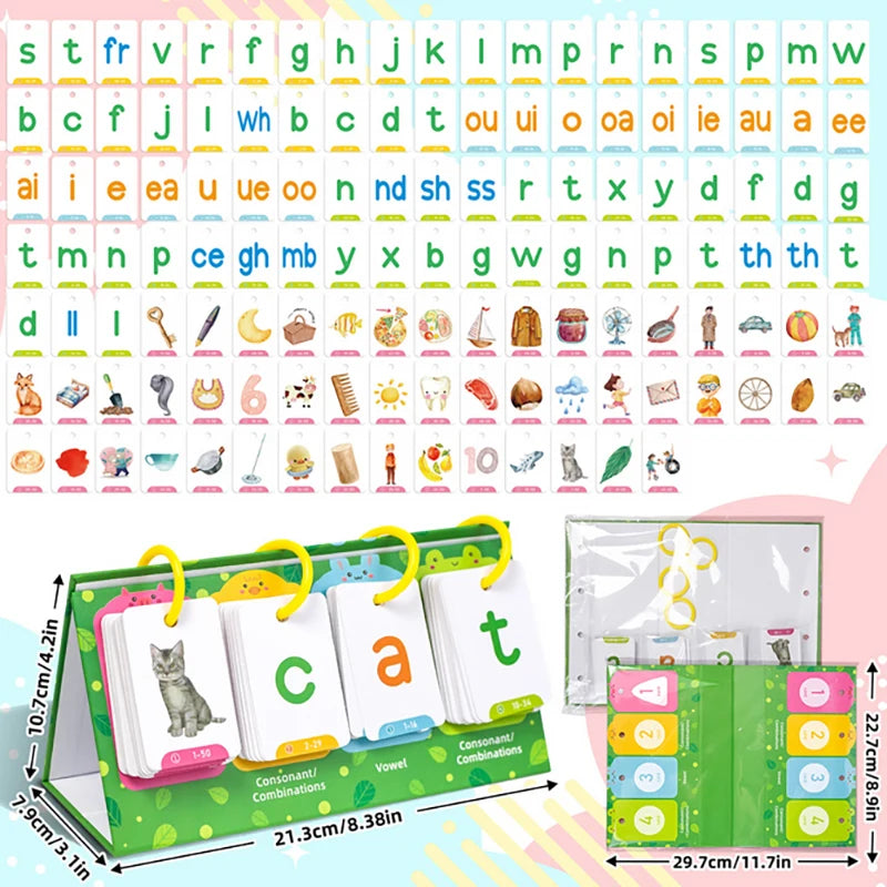 A set of green and white CVC word flashcards featuring letters and words for early reading and phonics practice