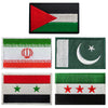 Four embroidered flag patches featuring various national flags.