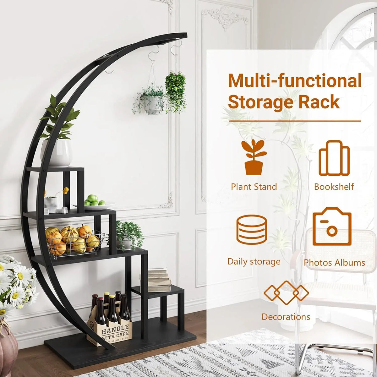 A black multi-functional storage rack featuring a half moon design for plants, books, and photo albums.