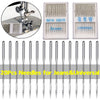 A pack of 20 stainless steel sewing machine needles for jeans and universal use, shown alongside a close-up of the needles.