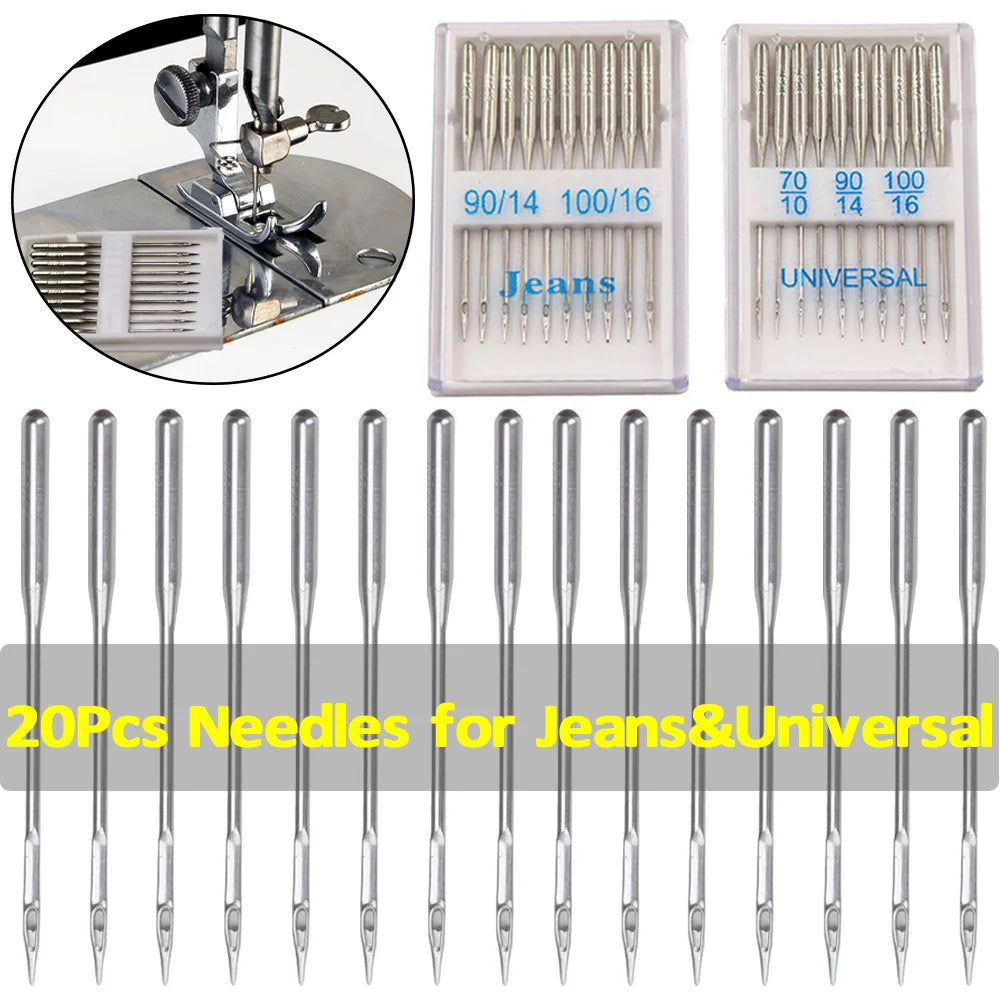 A pack of 20 stainless steel sewing machine needles for jeans and universal use, shown alongside a close-up of the needles.