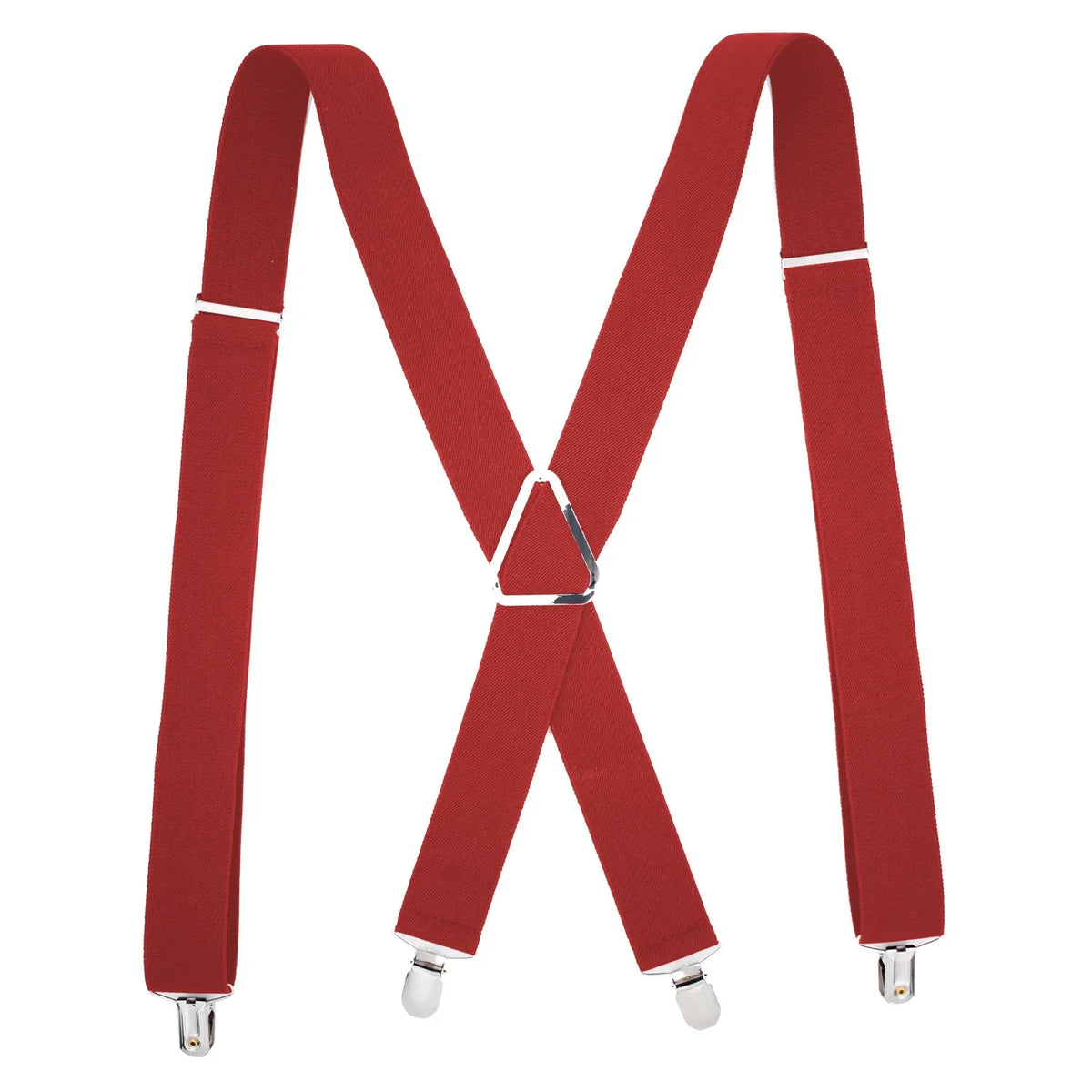 A pair of red suspenders with metal clips shown against a white background.