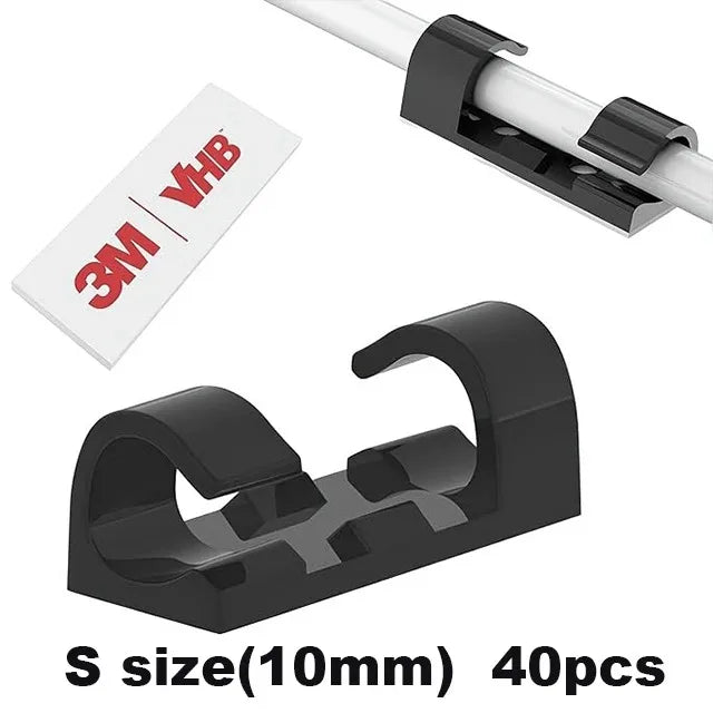 Black plastic cable clips with a 3M VHB label and S size (10mm) for cord management.