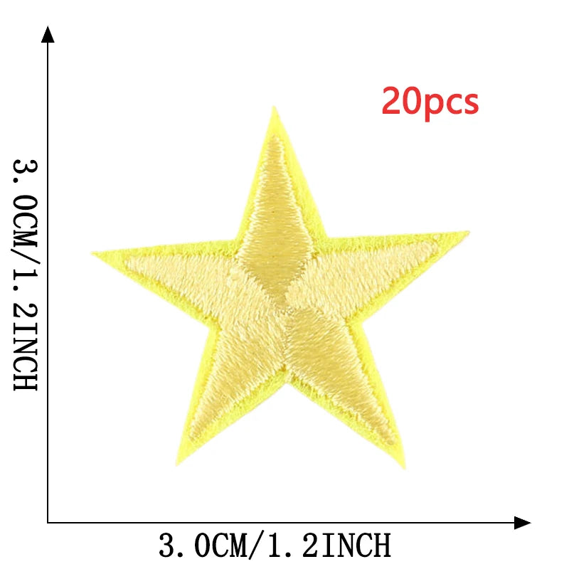 A yellow star embroidery patch is shown against a measurement scale, indicating its size of 3.0cm or 1.2inch.
