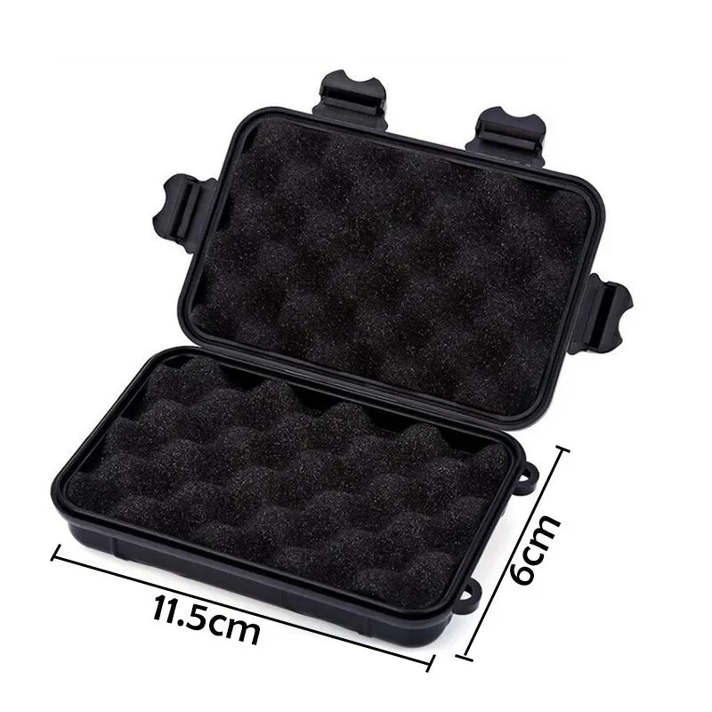Black waterproof sealed storage box with a lid and an insert for outdoor adventures