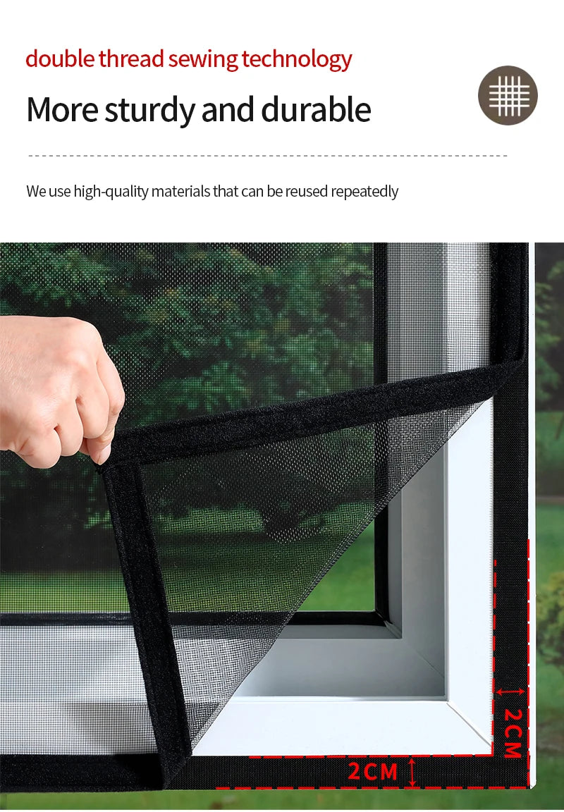 A hand is shown pulling a black, double-thread sewing technology mosquito net window screen across a white window frame.
