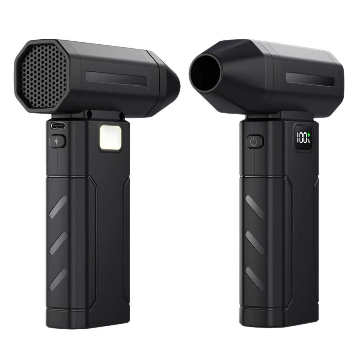 A black high-speed cordless air duster with a textured nozzle and power switch.