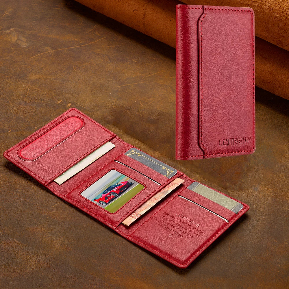 A red leather magnetic wallet phone case with card slots and a kickstand resting on a brown surface.